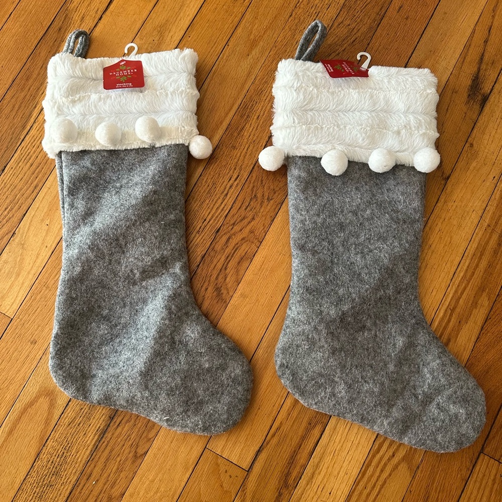 NWT December Home Pair of Gray & White Christmas Stockings! Faux Fur & Pom Poms!